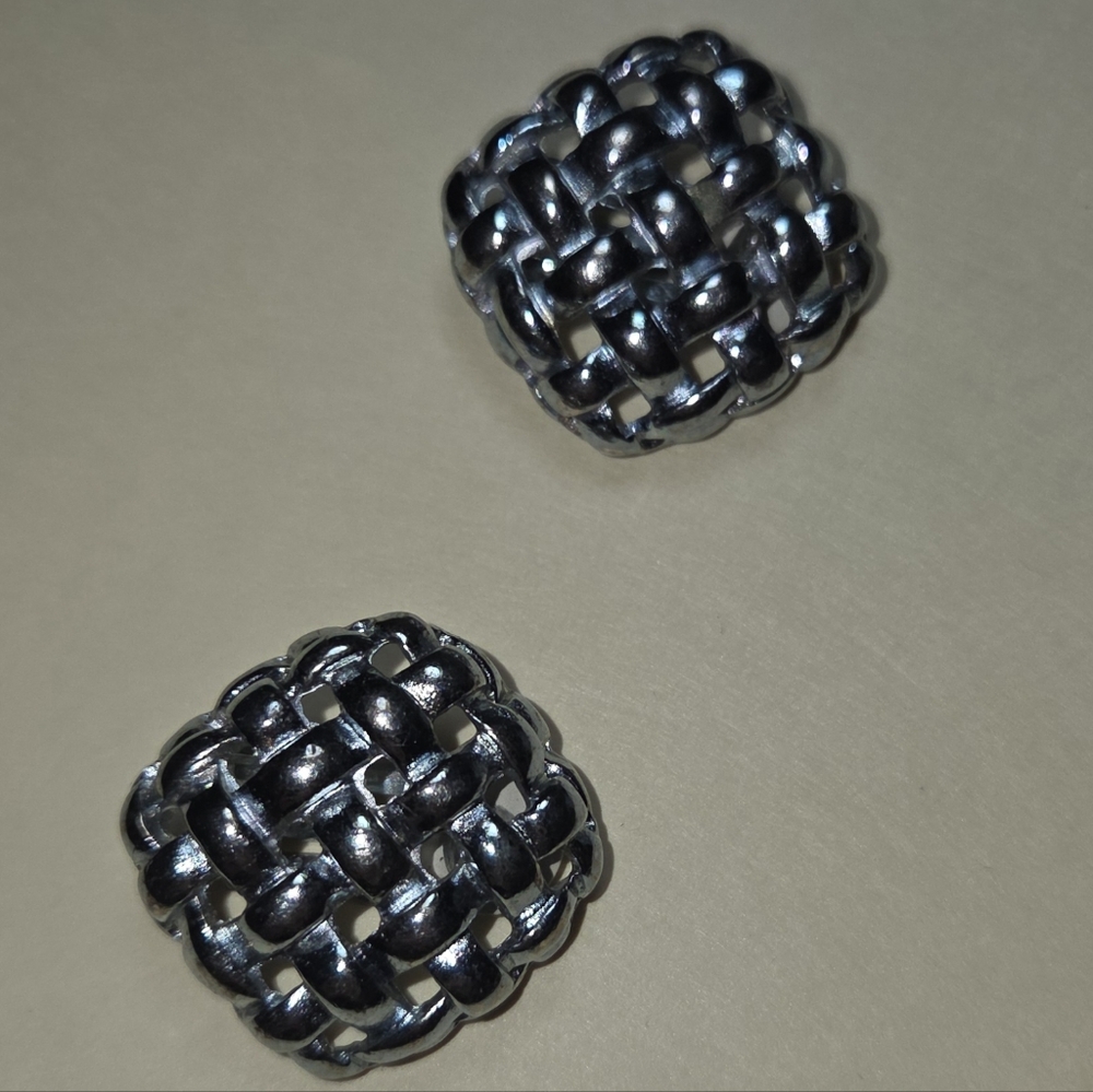 Givenchy Vintage Basket Weave  Clip Earrings, Silvertone, Signed, EUC
